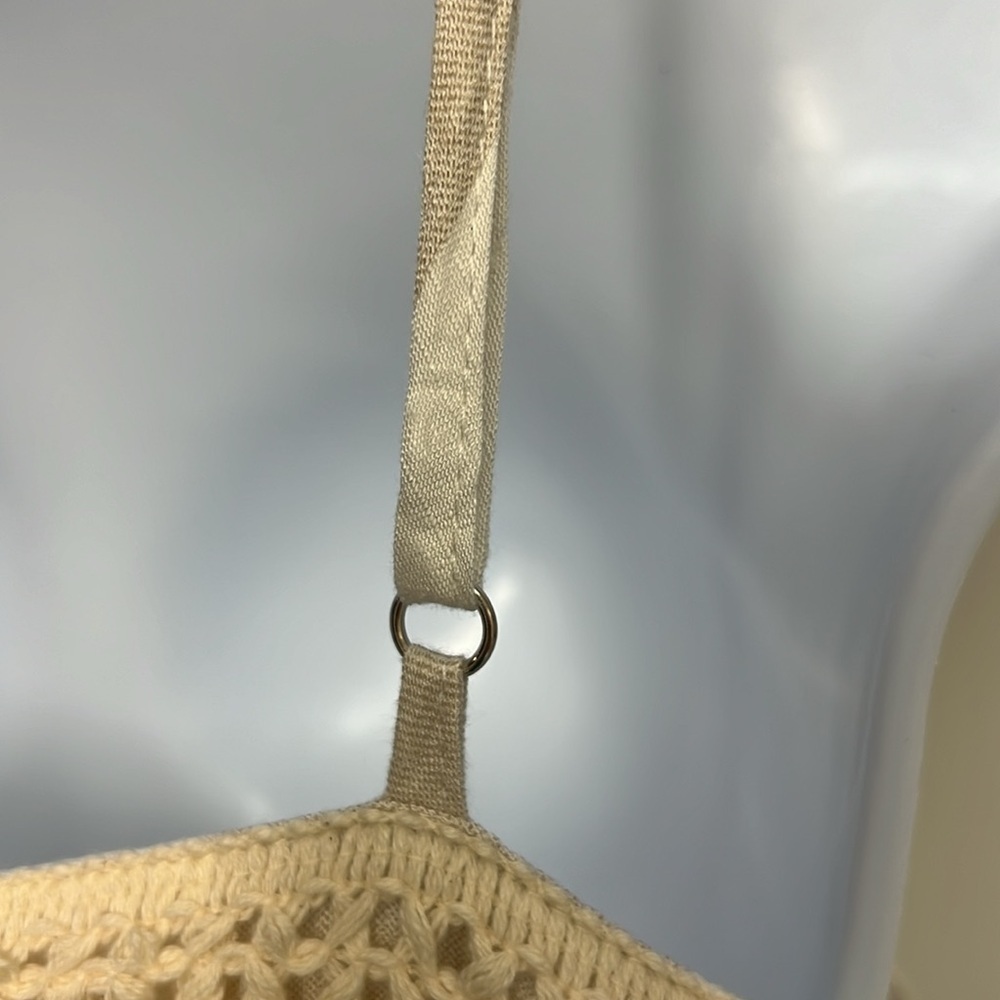 10. Olive Scent  White & khaki linen Dress Spaghetti straps, Fringe, Medium NWT - Picture 7 of 12
